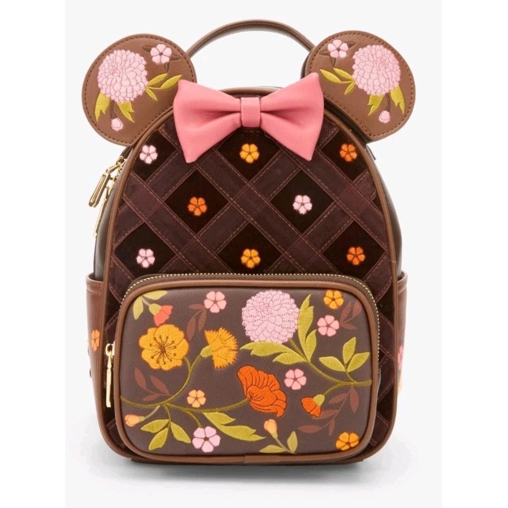 NWT Disney Minnie Mouse Velvet Floral Interchangeable Ears Backpack & WALLET SET - Picture 4 of 11